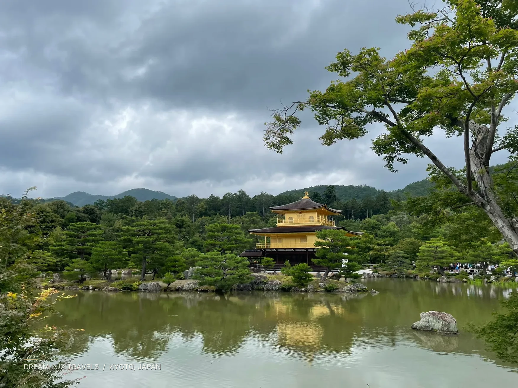 Golden Pavilion temple reflected in a pond amid landscaped trees in Kyoto.