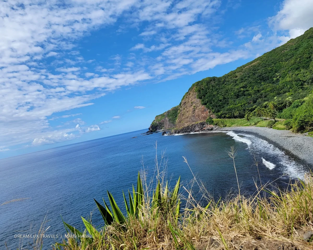 Curved black-sand coastline and lush headlands along Maui’s Road to Hana.