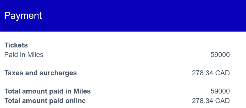 Original redacted booked two-person Aeromexico total: 59,000 miles plus CA$278.34.