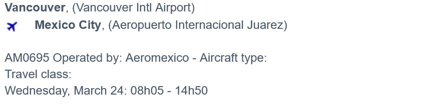 Original redacted Flying Blue booking excerpt, Vancouver to Mexico City, March 2027.