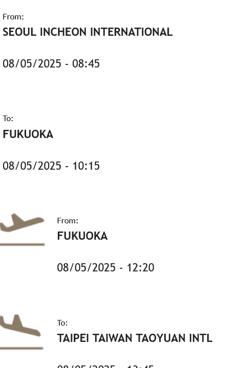 Original redacted Asiana and EVA itinerary excerpts, ICN to FUK to TPE.