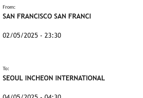 Original redacted Asiana Business Class journey excerpt, SFO to ICN.