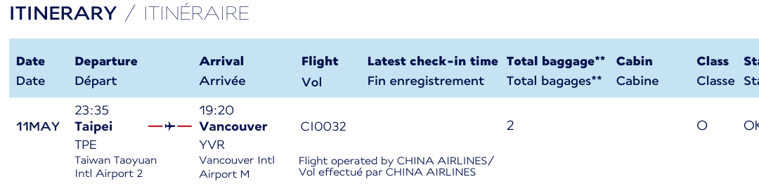 Original Flying Blue e-ticket excerpt showing China Airlines Taipei to Vancouver; identifying details excluded.