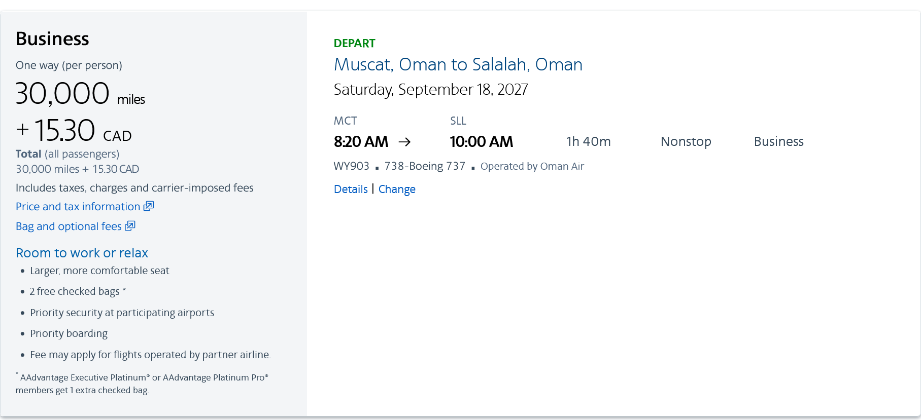 Original American Airlines award-search screenshot showing Oman Air WY903 Business Class, 30,000 miles and CA$15.30 on September 18, 2027.