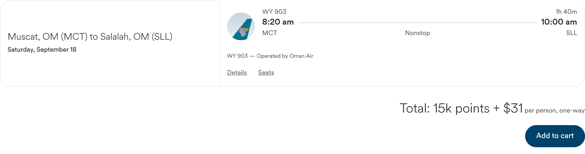 Original Alaska Atmos trip-summary screenshot showing Oman Air WY903 Muscat to Salalah, 15,000 points and a $31 charge. The screenshot itself does not show the cabin.