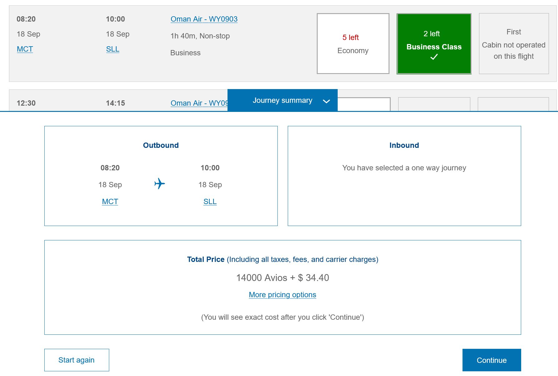Original British Airways screenshot showing Business Class selected on Oman Air WY0903 and 14,000 Avios plus $34.40 in fees.