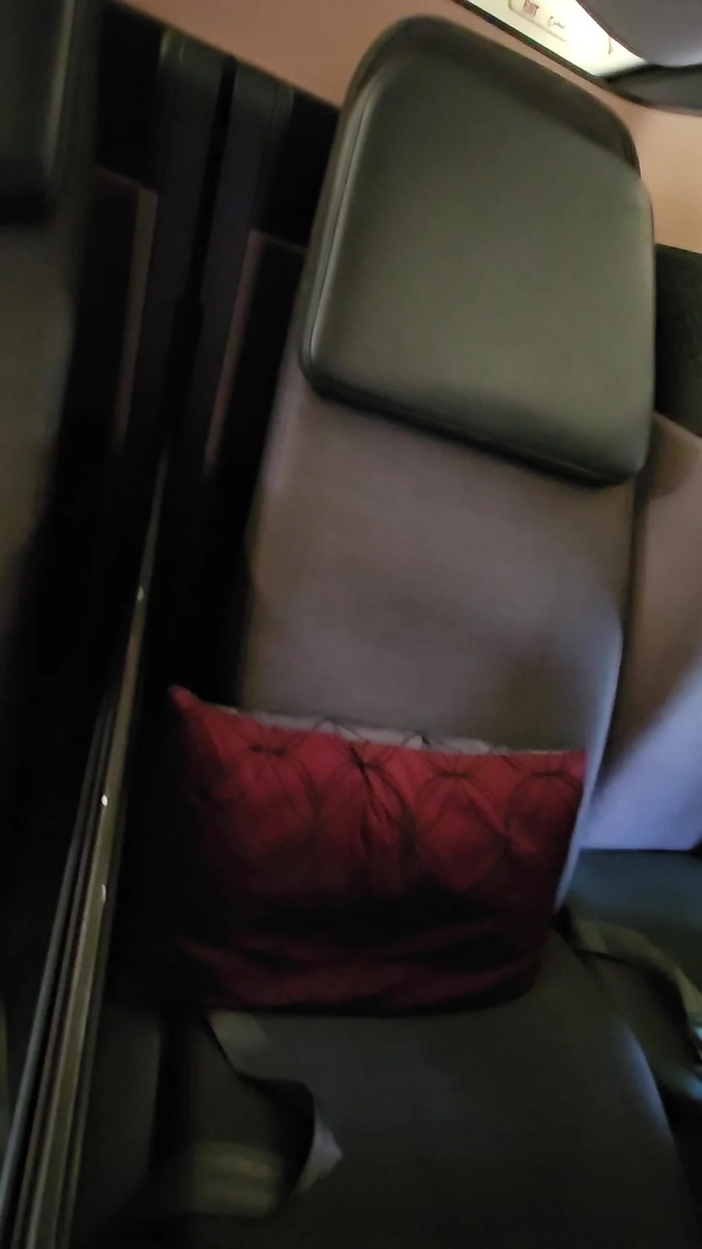 Qatar Airways Qsuite seat and lower leg area with burgundy accent cushion.