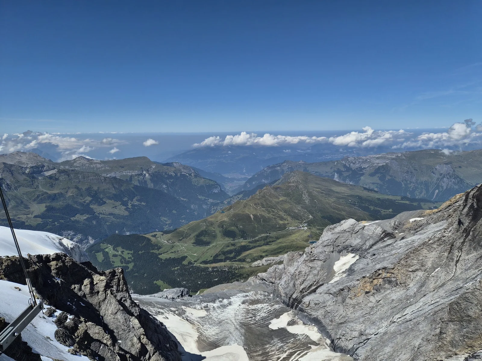 Rocky and snow-covered high Alpine mountains viewed from the Jungfraujoch area.